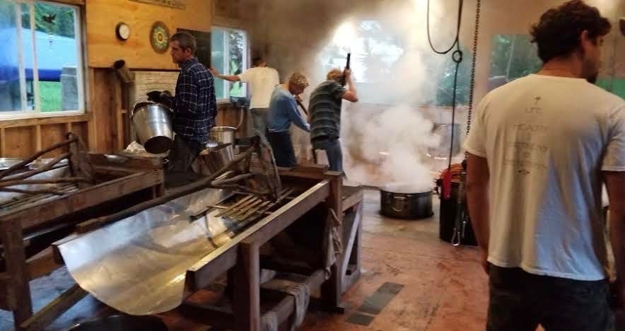 Interior of an ayahuasca brew house with preparation vessels